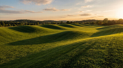 Obraz premium Beautiful sunset light casting long dramatic shadows over scenic rolling green hills during late afternoon