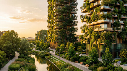 Obraz premium Beautiful green urban district during golden hour with warm sunset sunlight filtering through vertical facades.
