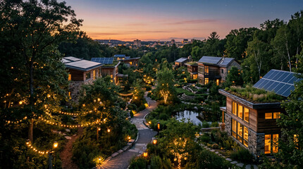 Obraz premium Serene evening view of a sustainable city neighborhood with bright solar lights glowing ambient warmth.