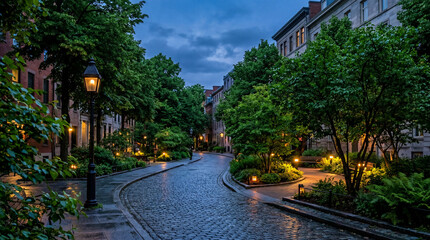 Obraz premium Blue Hour Street Photography Capturing Green City Roadways Enhanced By Subtle Warm Evening Ambient Lights