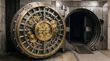 Obraz premium Heavy secure metallic vault gateway swings wide to display stunning precision gears and security mechanisms