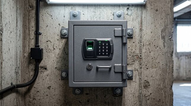 Small Heavy Duty Grey Steel Safe Featuring High Tech Biometric Fingerprint Scanner Device Mounted Wall
