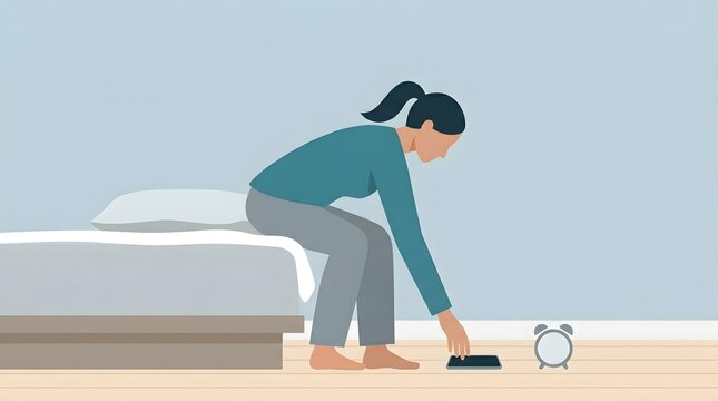 Morning Struggle: A woman sits on the edge of her bed, reaching for her phone while a small alarm clock sits nearby, illustrating the relatable challenge of waking up and facing the day.