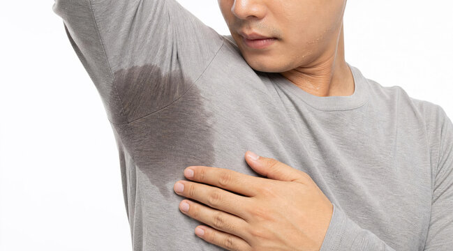 Man suffering from severe underarm sweat stain on grey shirt