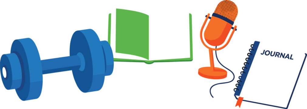  Personal growth habits and healthy routine icon set vector illustration featuring a dumbbell open book microphone and journal notebook for lifestyle coaching marketing