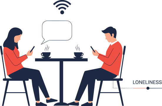  Phubbing and relationship loneliness concept vector illustration showing a couple ignoring each other over coffee while addicted to their smartphones