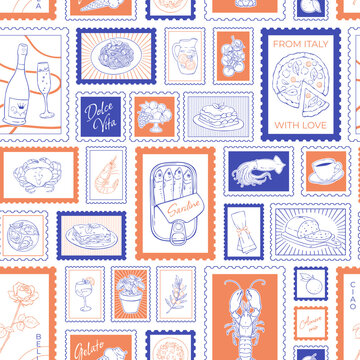 Whimsical italian dinner food seamless pattern with orange and white stamp background. Sketch doodle style italian dinner icons and food illustration for restaurant menu design kitchen decor. Vintage