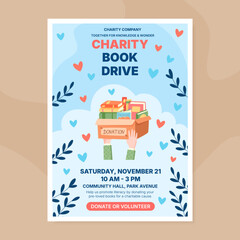 Fototapeta premium Support book donation box art with light blue background and small heart icon accent. Community charity event invite and volunteer appeal show gift donation theme as flat print for social media or