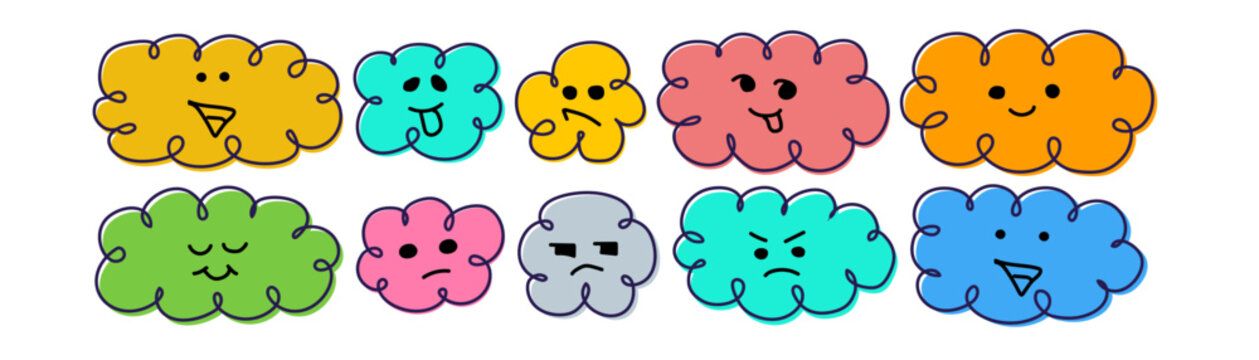 Cloud figure shape character Geometric figure face Cute cartoon cloud with funny faces and happy smiles and different emotions
