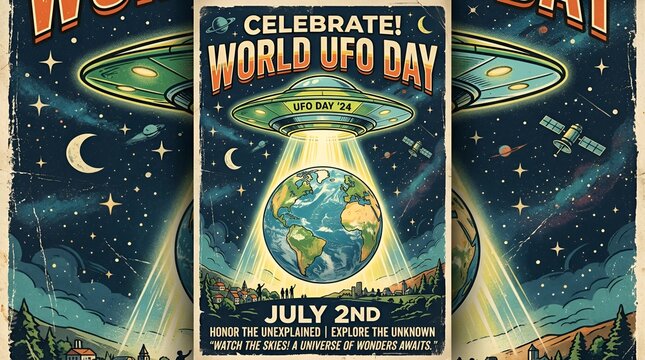 World UFO Day Poster: Flying Saucer Abducting Earth, Stars, Moon, Retro Style