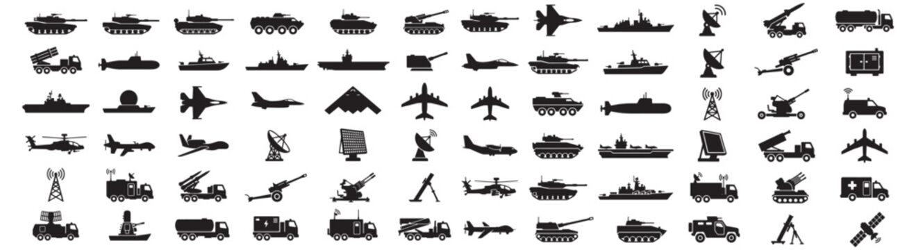 Military Silhouettes Collection of Army, Navy, Air Force Vehicles and Defense Icons