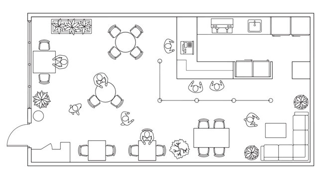 Office Cafe Floor Plan Top View Architectural CAD Layout Furniture People Vector Illustration