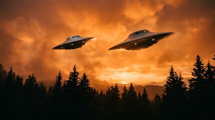 Naklejka premium Two UFOs flying over a dark forest at sunset, dramatic orange sky
