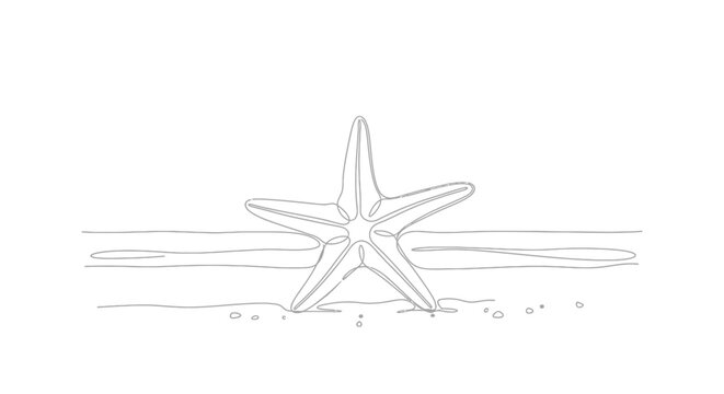 Minimalist line art of a starfish on sandy shoreline against white background