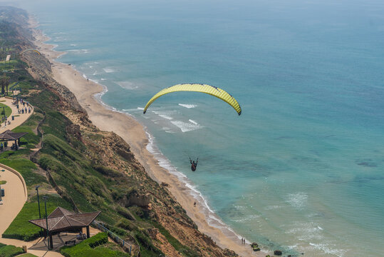 Paraglider Soaring Over Mediterranean Coastal Cliffs, Netanya, Sharon Plain, Israel