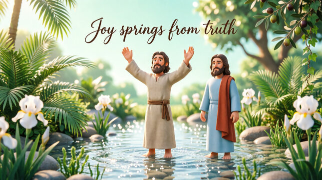 John the Baptist baptizes Jesus in the Jordan River as heaven opens and God's voice proclaims.
