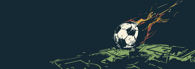 Soccer ball meteorite crashed into the soccer field linocut style with blue background have blank space. © Wasitt