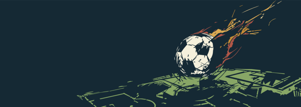 Soccer ball meteorite crashed into the soccer field linocut style with blue background have blank space.