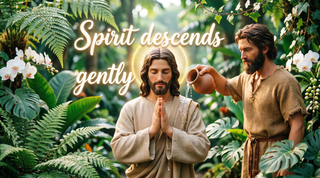John the Baptist humbly baptizes Jesus in the sacred Jordan River beneath heaven's holy light.