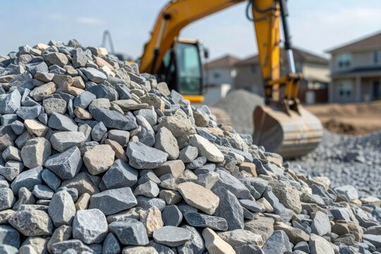 A close-up view of a large pile of gray gravel at a residential construction site with an excavator.