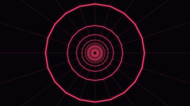 Flying through an abstract futuristic tunnel of glowing pink neon ring