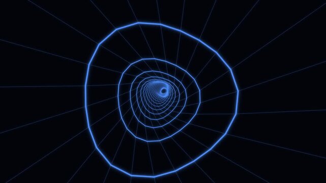 Digital blue wireframe tunnel receding into a dark abstract space