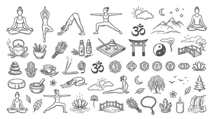 Fototapeta premium Yoga Poses and Wellness Symbols Collection - Hand-drawn Sketch Art