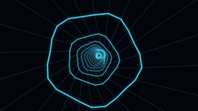 Futuristic glowing blue polygonal tunnel moving through cyberspace