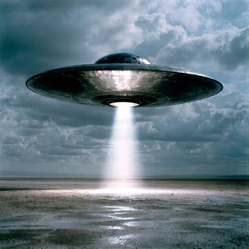 UFO flying saucer beam light landing on desolate landscape, alien spacecraft