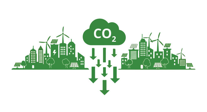 Green City CO2 Reduction. Eco-friendly Urban Landscape. Renewable Energy. Sustainable Future.