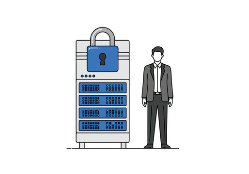 Secure Server Rack with Padlock and Businessman