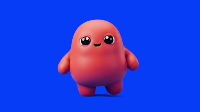 A cheerful 3D animation of a cute, chubby red blob monster dancing happily against a solid blue screen background. This fun character asset is perfect for children's entertainment, mobile game promoti