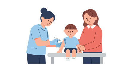 A female healthcare worker administers a vaccine to a young boy's arm while his supportive mother stands beside him in a clinic setting. © Ahmad