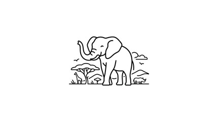 African Safari Line Art: Elephant, Giraffe, Rhino, Savannah Landscape © alfan fikri
