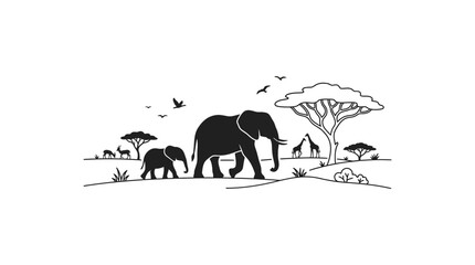 African Savanna Landscape Silhouette with Elephants, Giraffes and Antelopes © alfan fikri