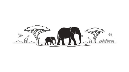 African Savannah Silhouette: Elephant Family and Wildlife with Acacia Trees © alfan fikri