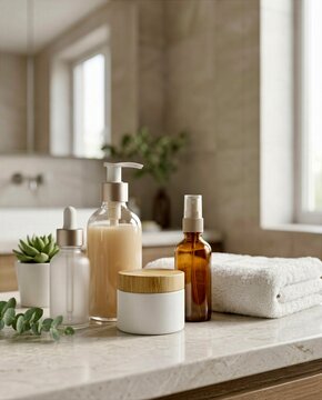 Skincare products and towels arranged on a bathroom countertop in a bright and modern setting during the day
