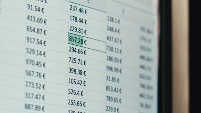Close-up of financial cash flow data on PC screen. Mortgage payment sheet schedule. Loan fee