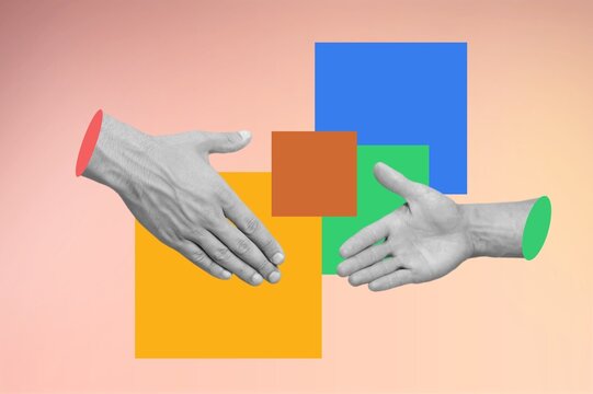 Creative collage human hands handshake