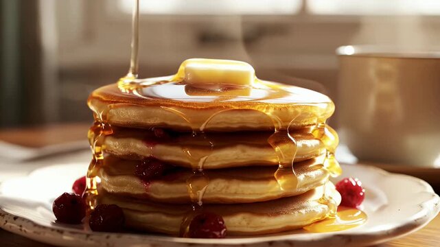 Fluffy pancakes stacked high drizzled with syrup and butter