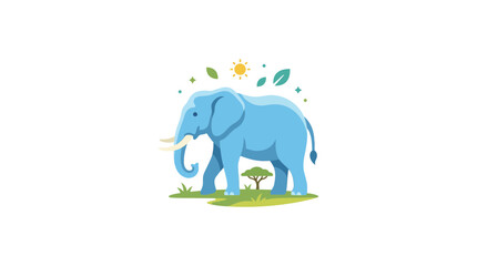 Fototapeta premium Blue Elephant Illustration in African Savanna Landscape with Sun and Leaves