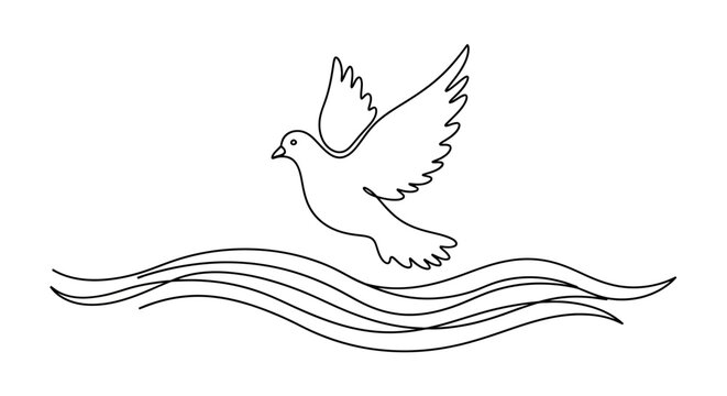 Dove flying over wavy water line art