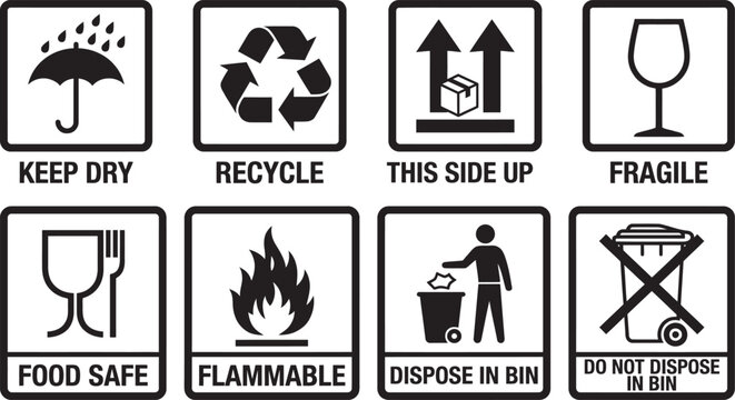 Packaging handling symbols. Essential universal Packaging and handling symbols for shipping logistics and product safety awareness