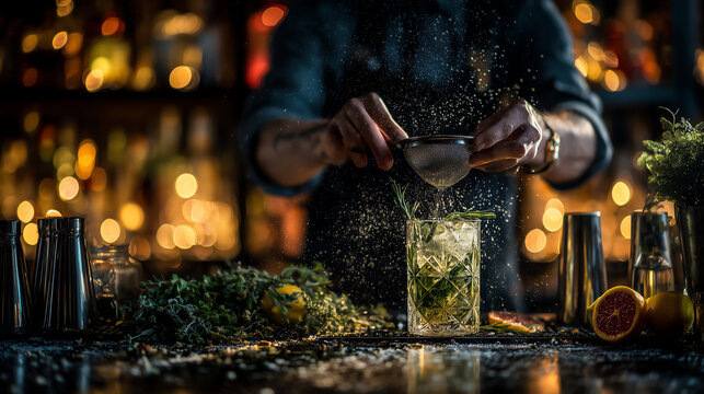 Bartender hands straining a freshly shaken craft cocktail into a chilled glass with scattered herbs and citrus on the bar and warm low backlight with bokeh bottles behind