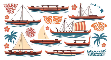 Polynesian Canoes and Tropical Elements Vector Collection © yo