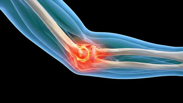 A detailed 3D translucent anatomical render of a human elbow arm joint, showing bones and ligaments with a glowing red pinpoint highlighting acute joint pain or arthritis. This sharp contrast static v