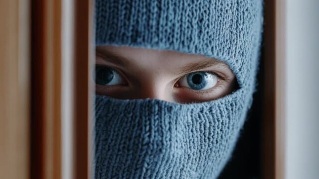 A close-up shot of a person wearing a blue balaclava mask peering cautiously through a door gap.