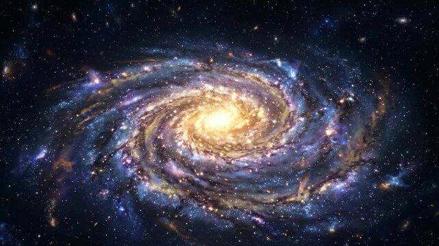 A brilliant cosmic illustration of an active spiral galaxy spinning in deep space, featuring intense purple, blue, and pink nebula dust clouds alongside dense star clusters. Ideal for sci-fi space tra