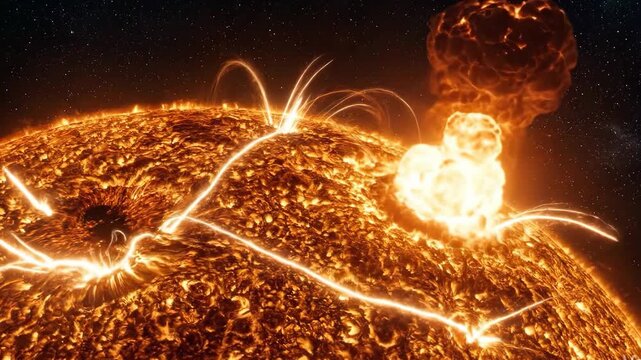 A high-intensity 3D simulation of the Sun's turbulent, fiery surface showcasing massive magnetic plasma loops, solar flares, and coronal mass ejections exploding into space. Excellent for space weathe