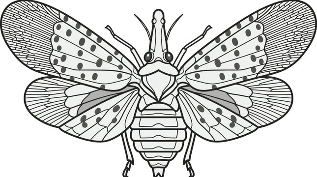 Spotted lanternfly top view wings spread line art.